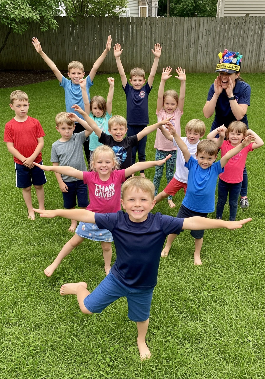 Kids performing silly space-themed actions during Astronaut Says game at outdoor birthday party with adult leader