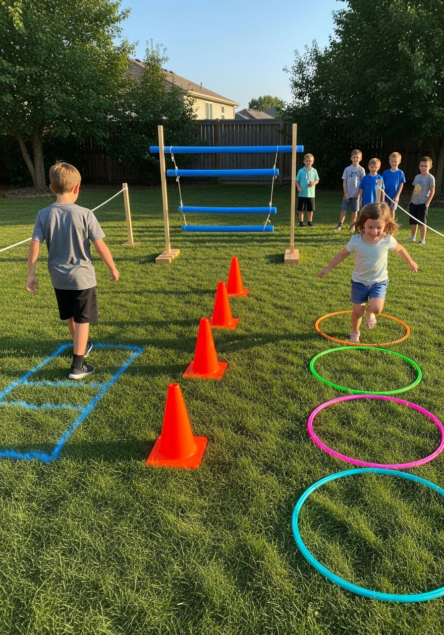 Kids completing astronaut training obstacle course with hula hoops and pool noodles at outdoor space-themed birthday party