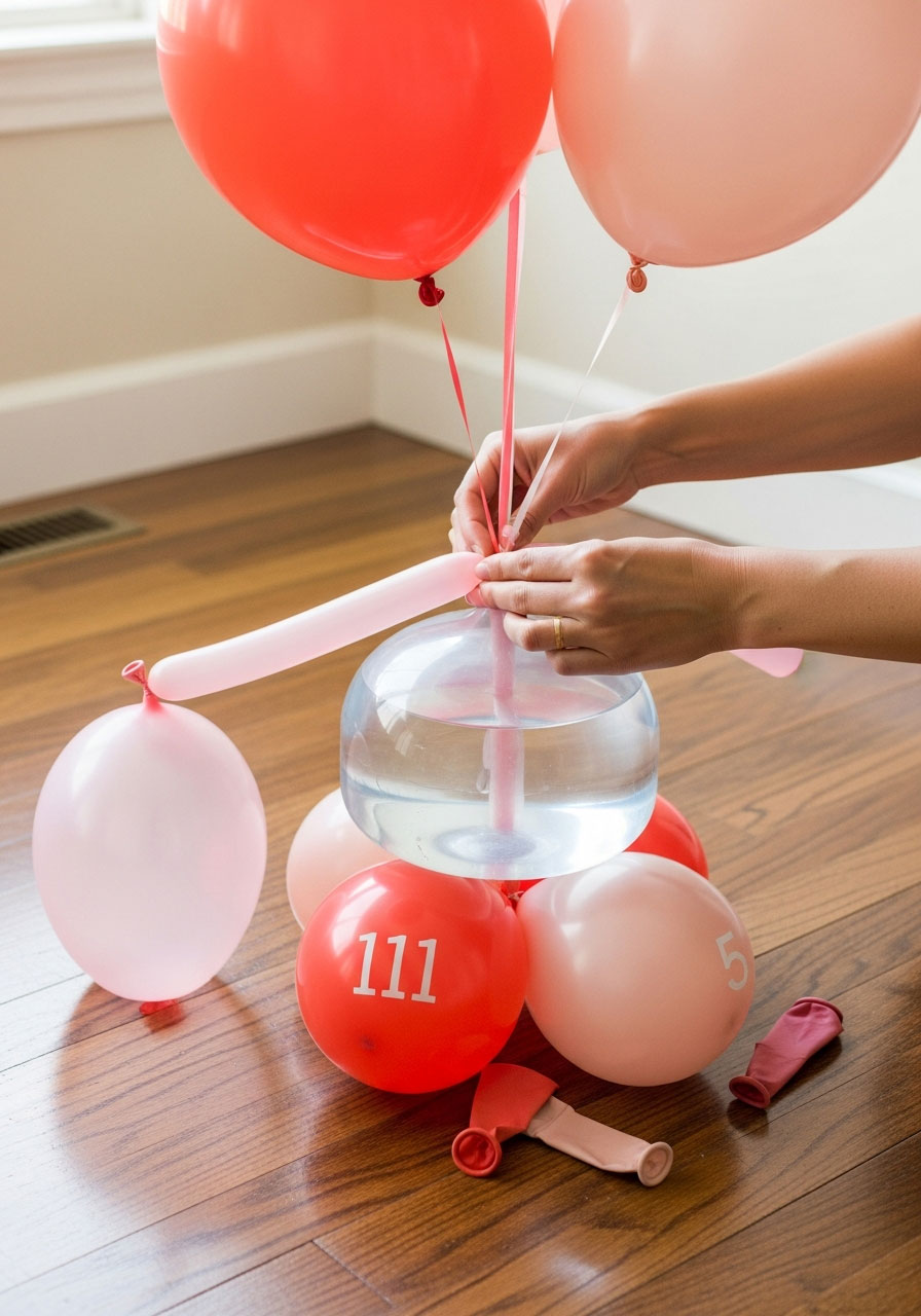 Securing balloon column to water-filled balloon base to create stable freestanding decoration without helium