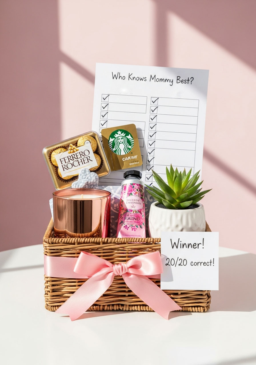 Prize basket for Who Knows Mommy Best baby shower game winner with gifts and perfect score sheet