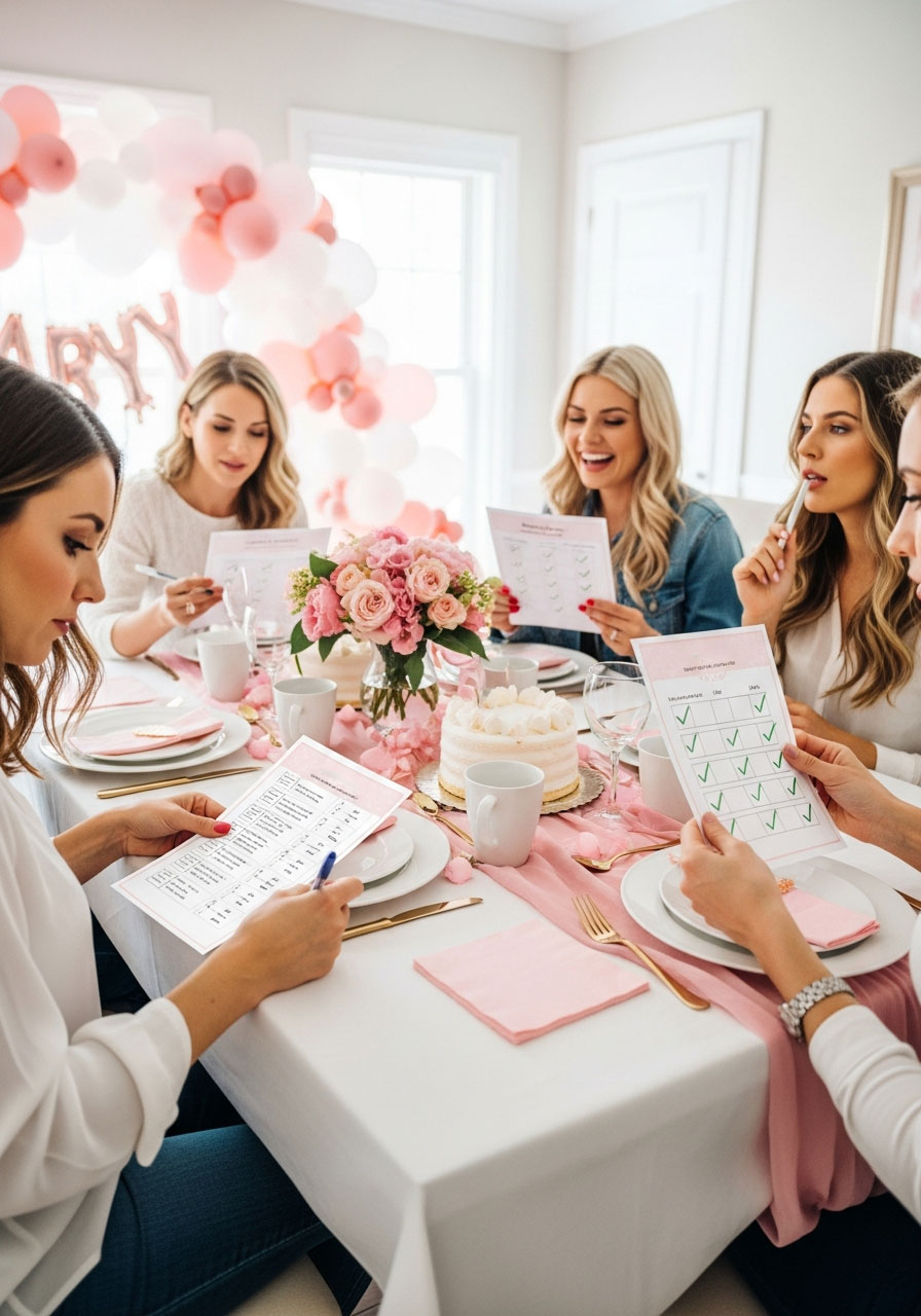 Four women playing Who Knows Mommy Best game at decorated baby shower party with pink theme