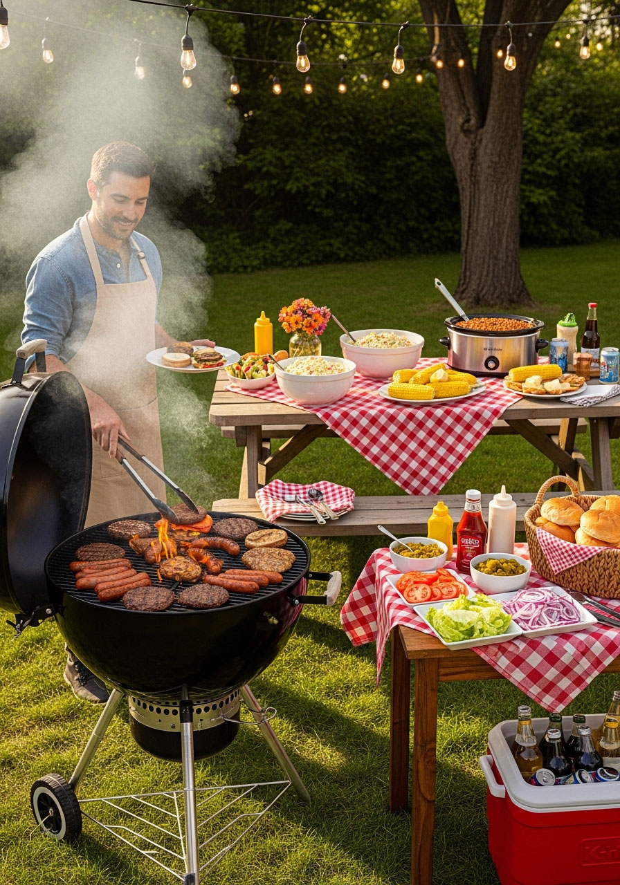 Backyard BBQ birthday party with grill cooking burgers and hot dogs, picnic table with classic sides, and complete condiment station