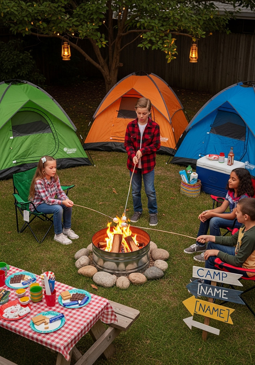 Kids roasting marshmallows for s'mores at backyard camping birthday party with tents and campfire setup at dusk