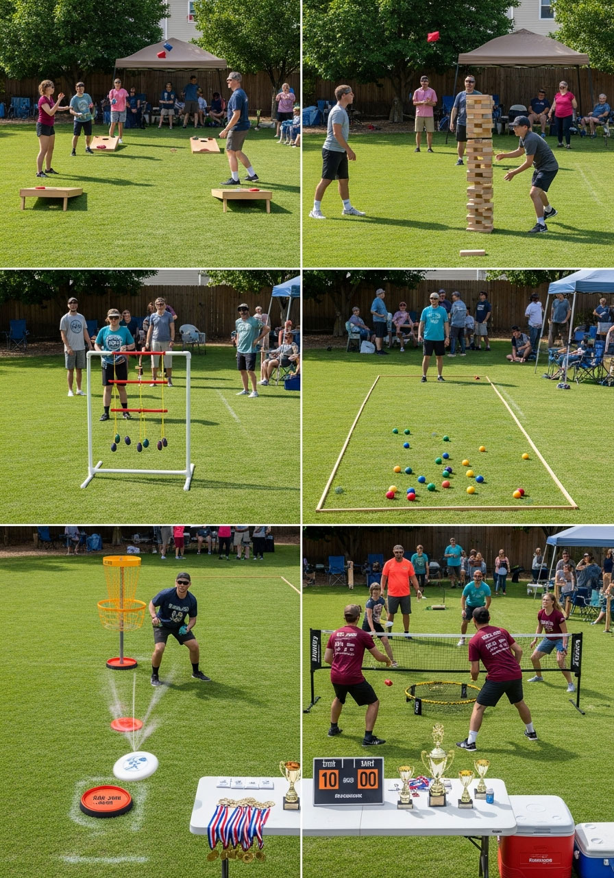 Backyard lawn game olympics birthday tournament with cornhole, giant Jenga, ladder toss, bocce ball, and multiple players