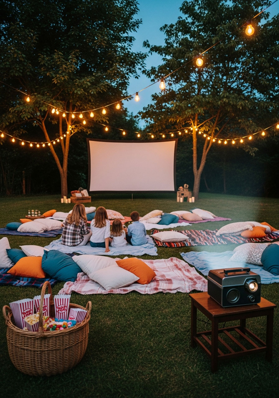 Backyard movie night birthday party with projector screen, string lights, blankets, and guests enjoying outdoor cinema experience