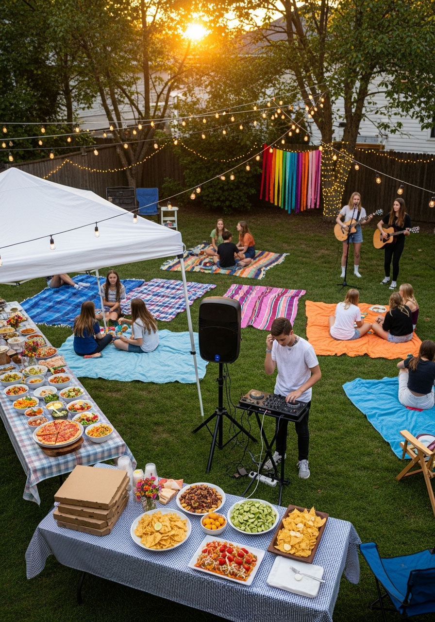 Backyard music festival birthday party for teens with string lights, food stations, blankets and live music performance at home