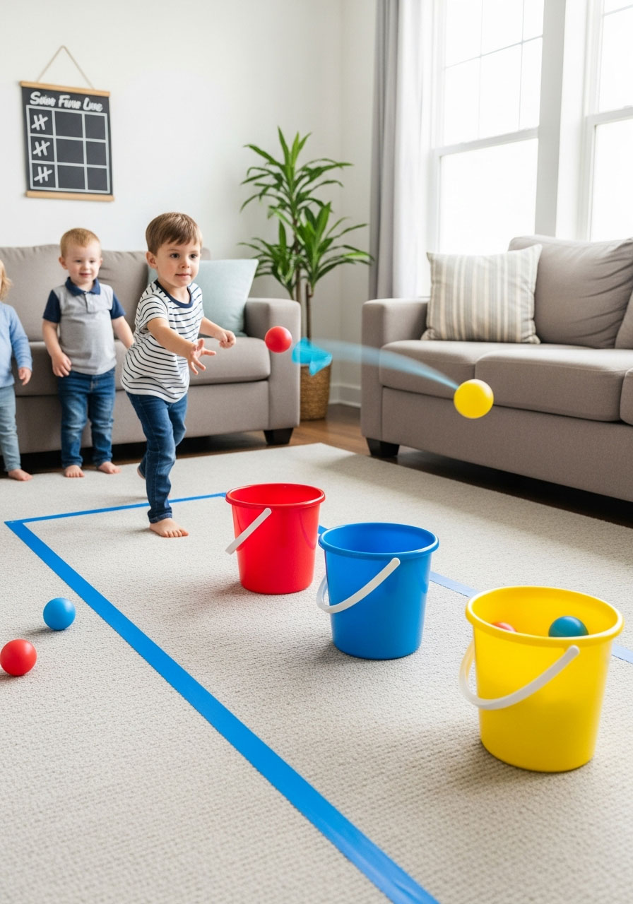 Toddler throwing foam ball toward colorful buckets during ball toss game at birthday party
