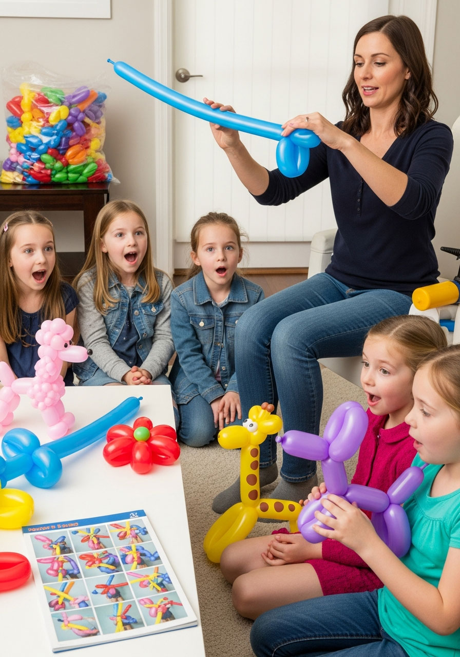 Balloon artist creating balloon animals for excited girls at home birthday party entertainment