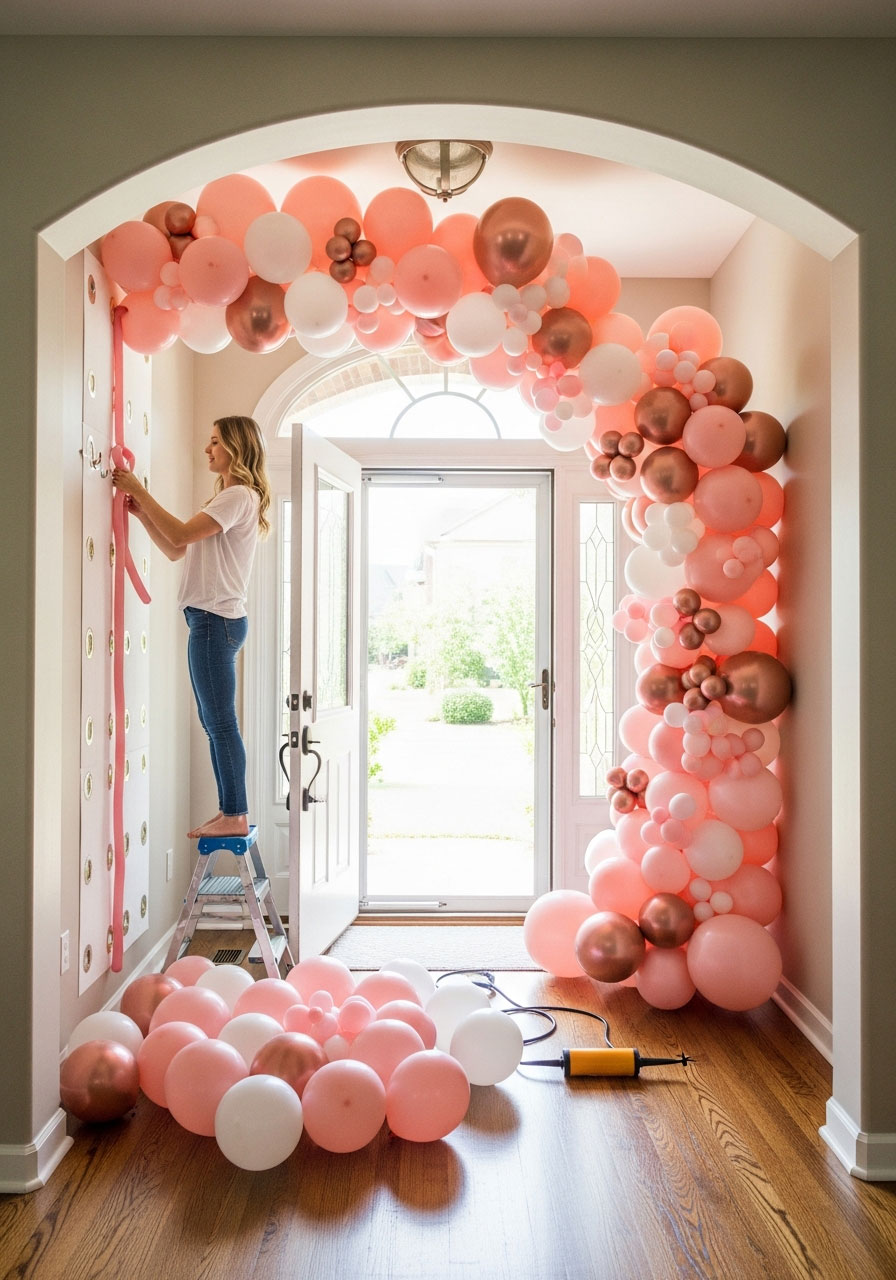 Woman creating DIY balloon arch using balloon strip tape and pink, white, and rose gold balloons for birthday party entrance decoration