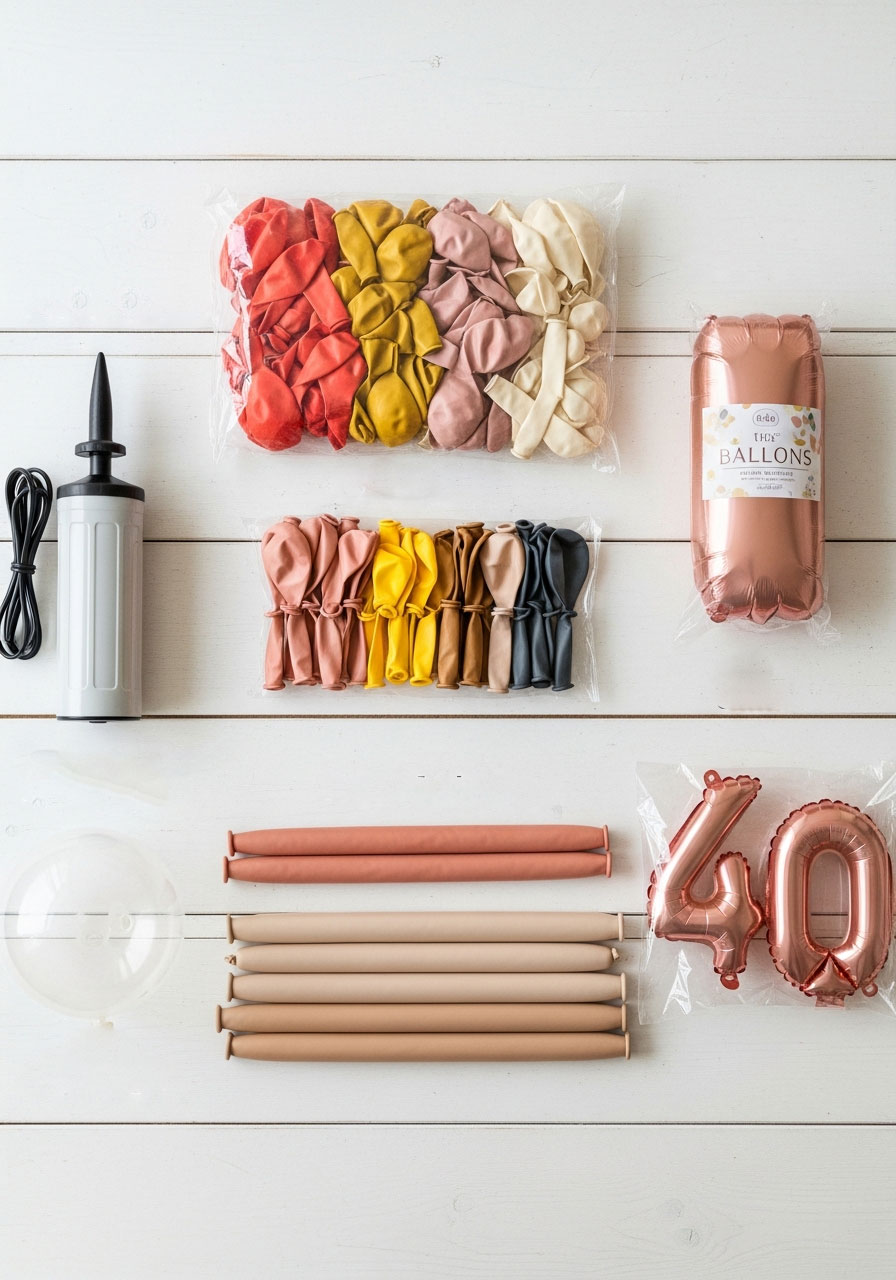 All supplies needed to make a DIY birthday balloon column without helium including balloons, pump, and modeling balloons