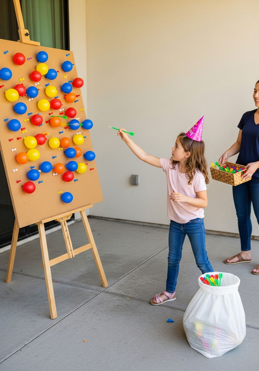 Girl throwing safety dart at colorful balloon wall while adult supervises at DIY carnival birthday party game station