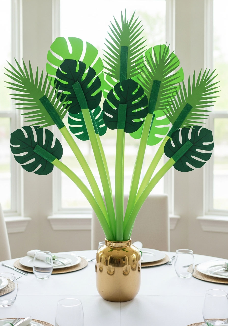 DIY tropical balloon fronds centerpiece with paper palm leaves in gold vase - modern birthday party table decoration