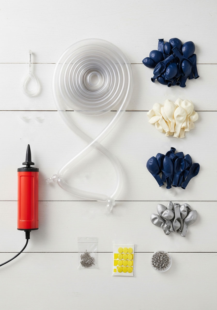 Complete DIY balloon garland supplies including electric pump, plastic strip, balloons in three sizes, and hanging accessories laid flat