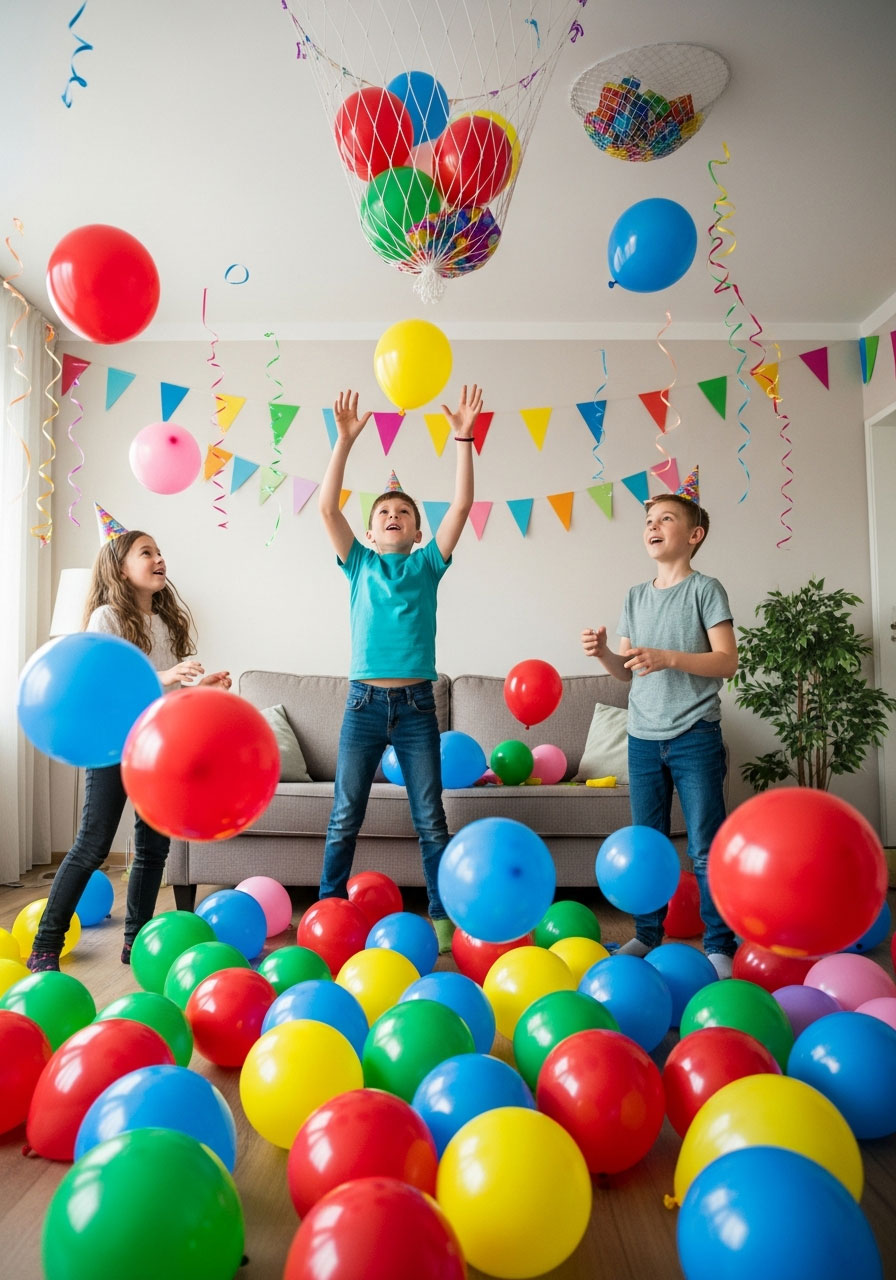 Kids playing balloon keep-up game surrounded by colorful balloons at vibrant indoor birthday party