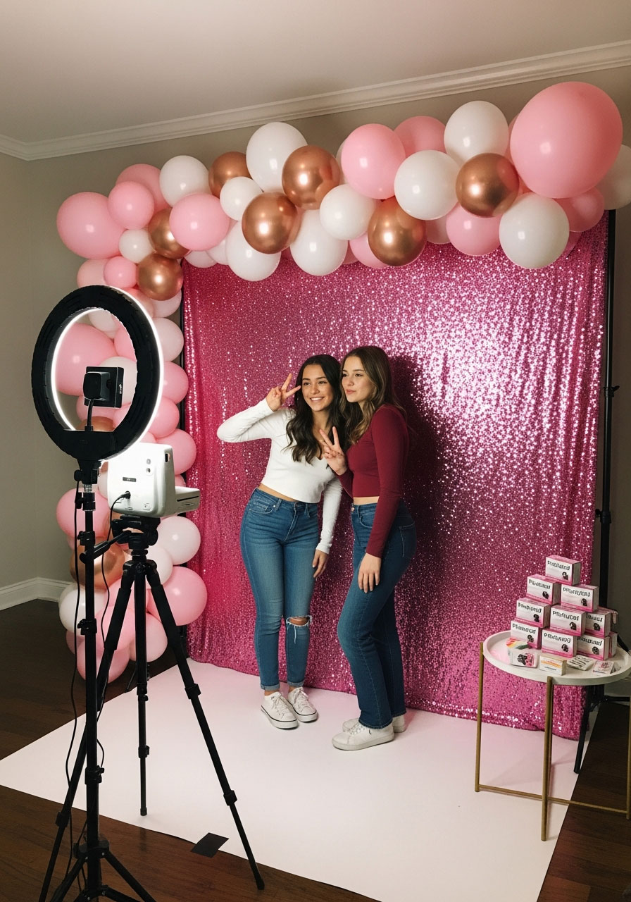 Polaroid photo station with pink balloon backdrop and camera setup for 18th birthday party pictures