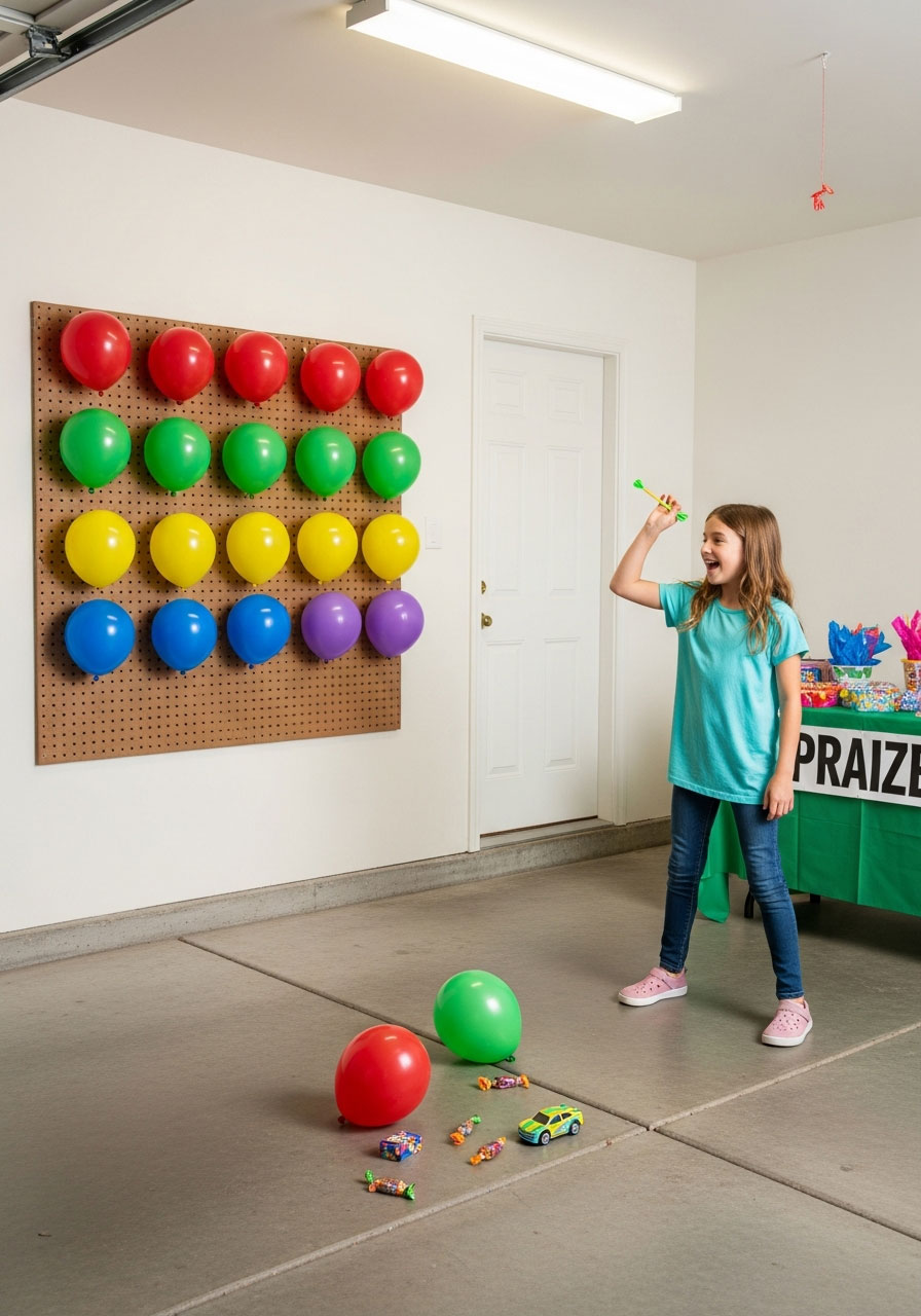 Tween girl throwing dart at prize balloons mounted on pegboard wall at birthday party game