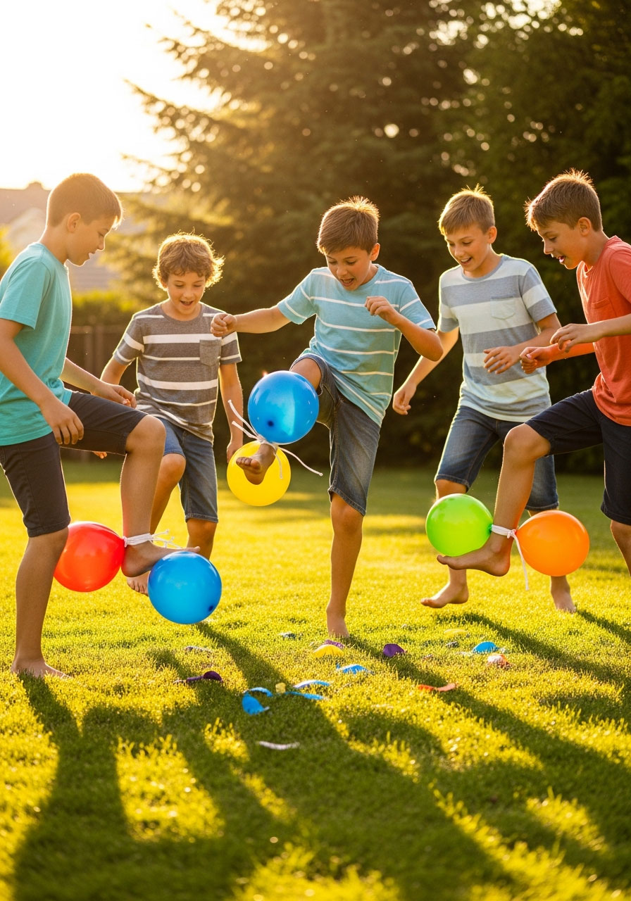 Children playing balloon stomp battle game outdoors with colorful balloons tied to ankles at 10th birthday party