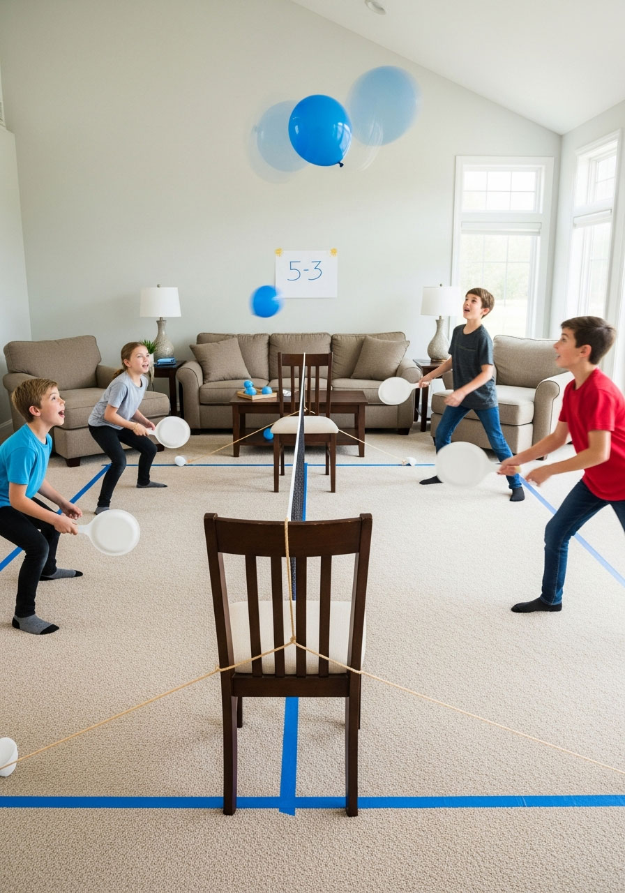 Children playing balloon tennis tournament with paper plate paddles and rope net in living room at birthday party