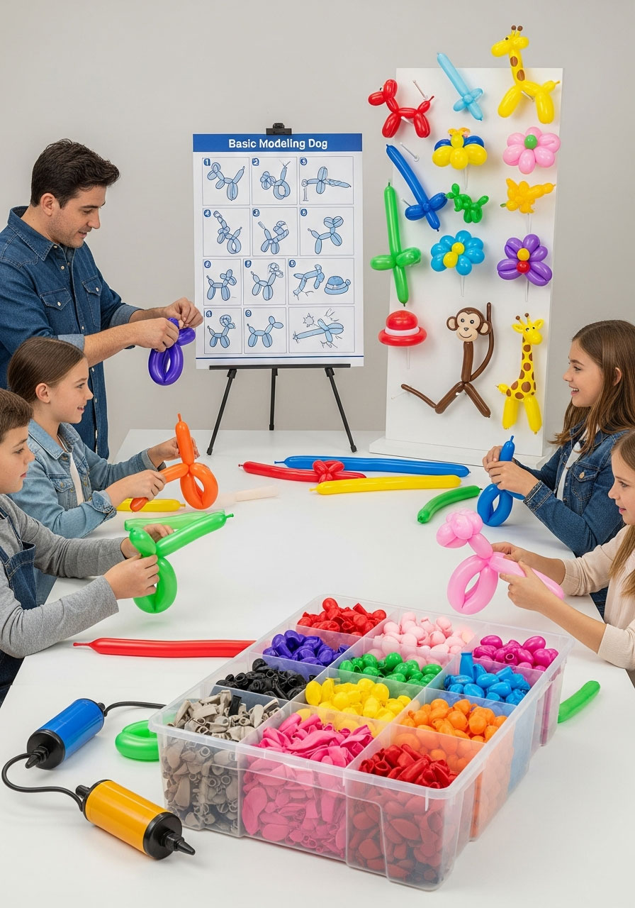 Balloon twisting art workshop birthday party with modeling balloons, instruction guide, pump, and kids learning creations