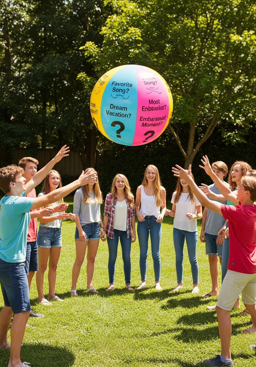 Teenagers tossing beach ball with written questions at outdoor birthday party ice breaker game