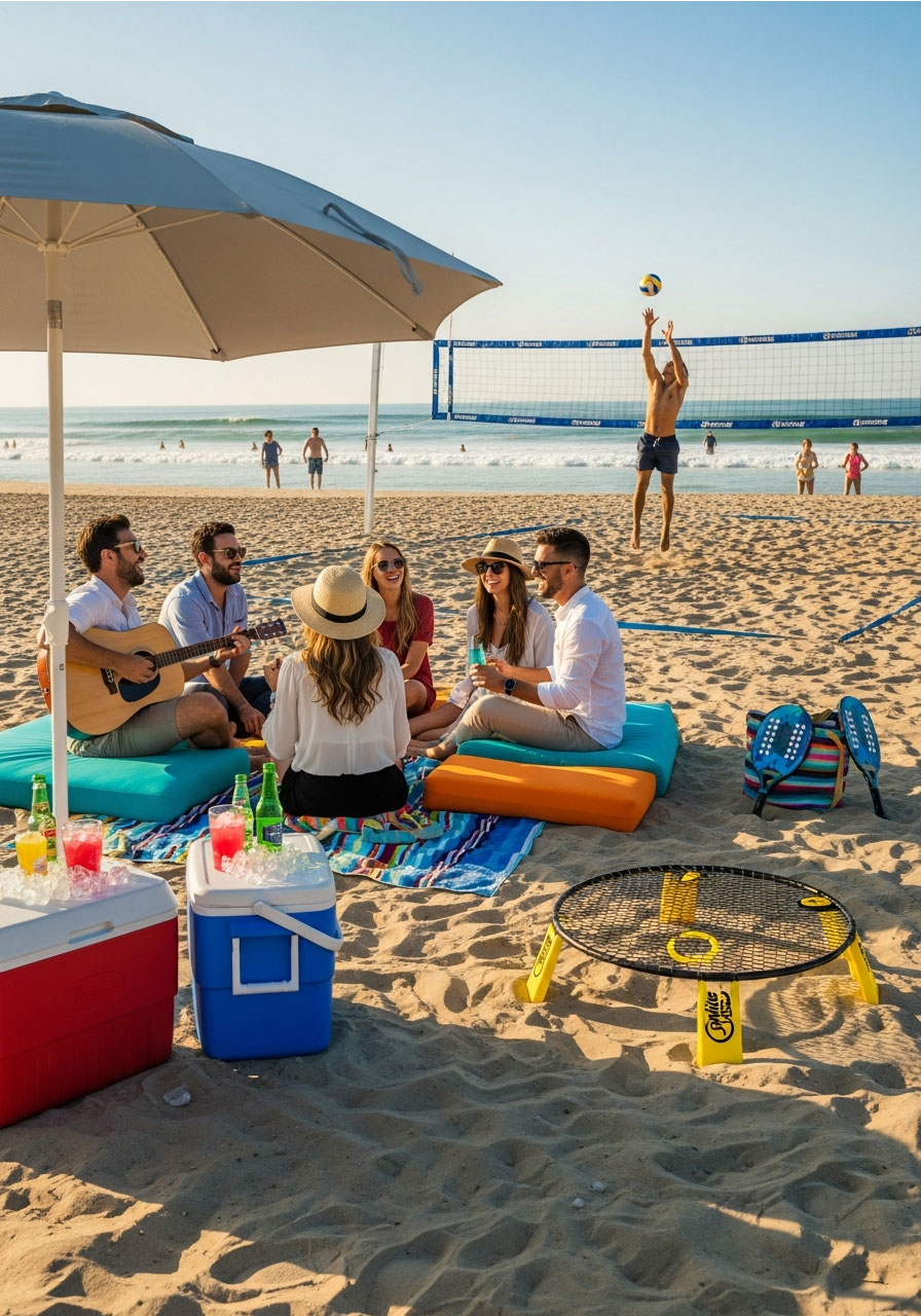 Beach birthday party with friends gathered on blankets, beach volleyball game in progress, coolers, beach umbrella, and ocean backdrop at golden hour