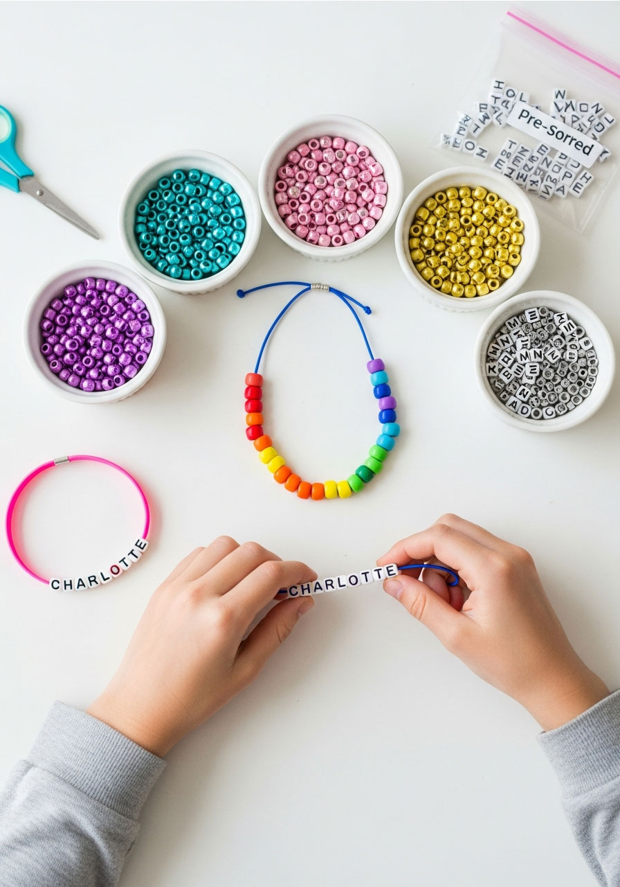 Kids making personalized beaded bracelets and necklaces with letter beads at art birthday party craft station