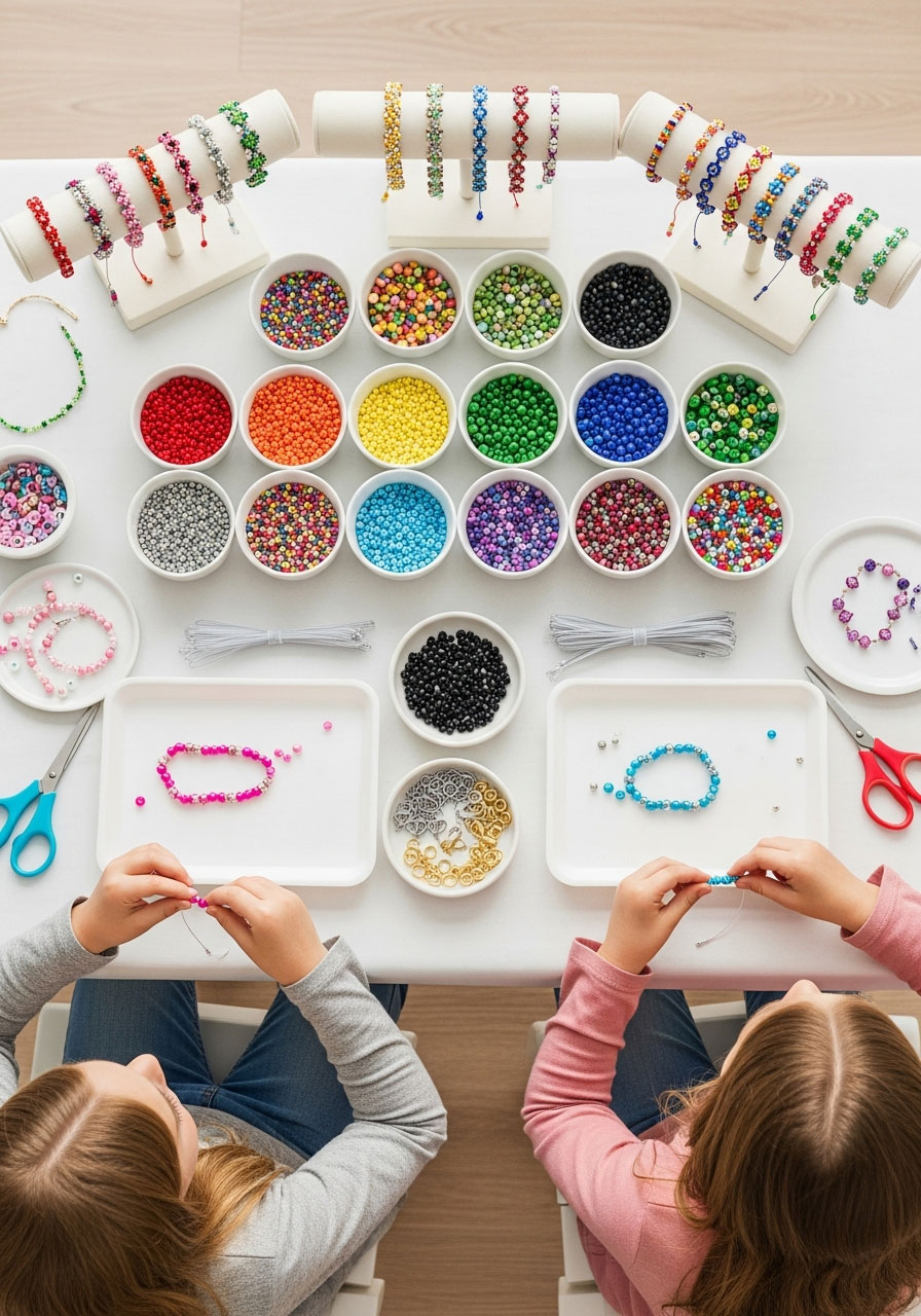 Girls making beaded bracelets at organized jewelry crafting station with colorful sorted beads and completed bracelet examples