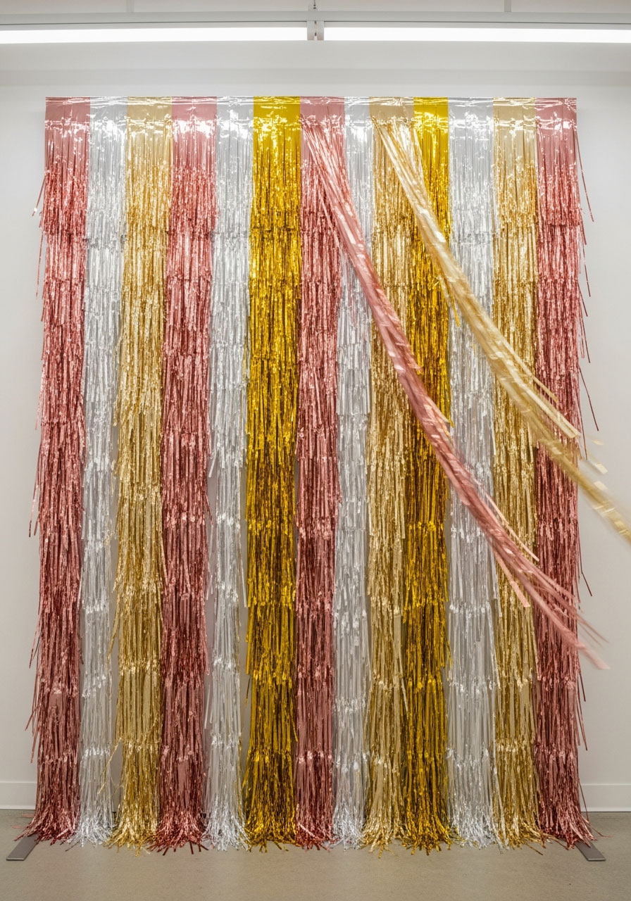 Dramatic DIY metallic fringe garland backdrop in rose gold and champagne colors - stunning birthday party photo wall