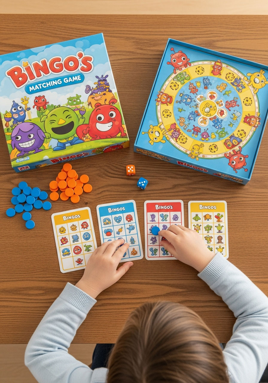 Bingo's Bingo matching board game with cards, tokens, and dice being played by child