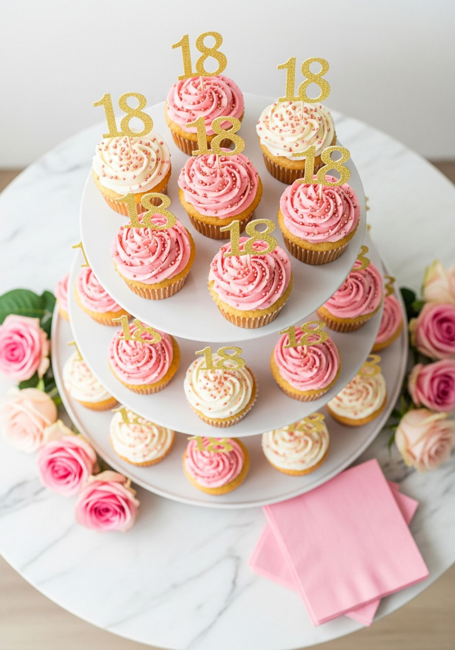 Pink and white frosted cupcakes with 18 toppers on three tier stand for birthday celebration