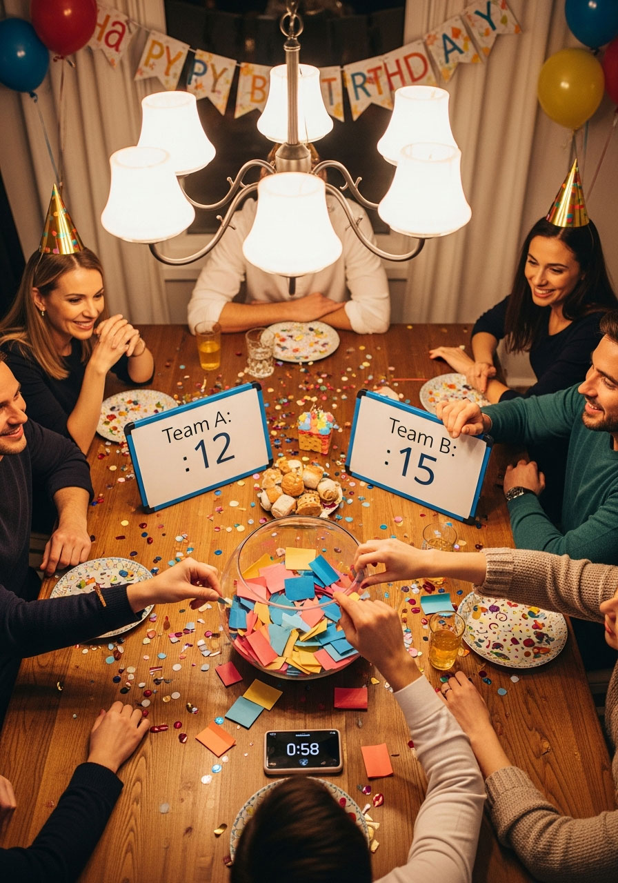 Complete fishbowl game setup with glass bowl filled with folded word slips, players seated around table at birthday party celebration