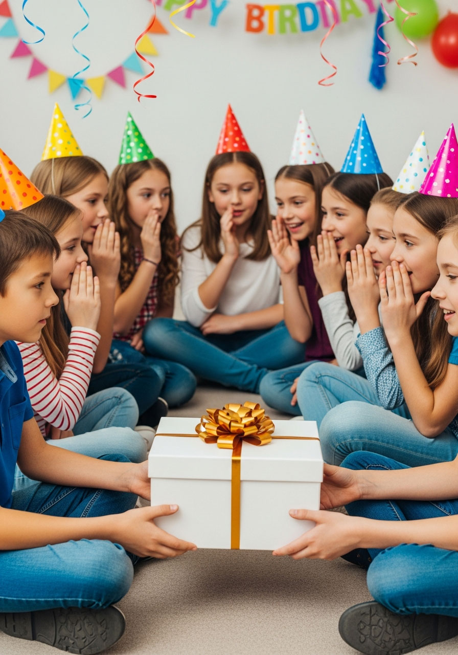 Kids passing wrapped gift box and guessing birthday presents in circle party game