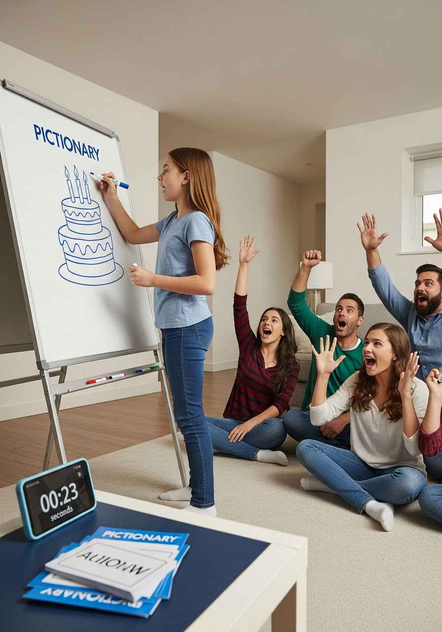 Teenager drawing birthday cake on whiteboard during pictionary race while family team shouts guesses with timer counting down