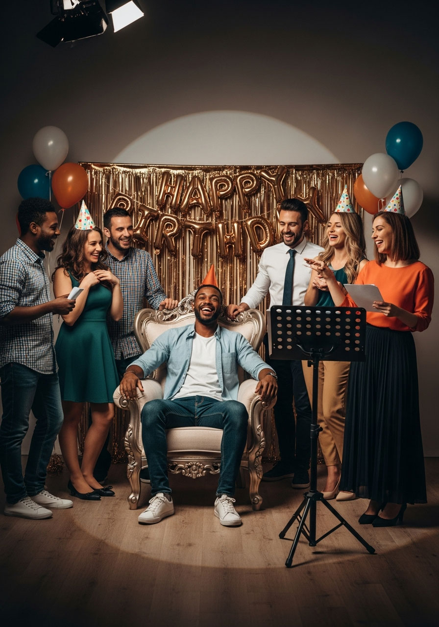 Friends performing birthday roast battle with birthday person in hot seat and friend delivering funny roast at party