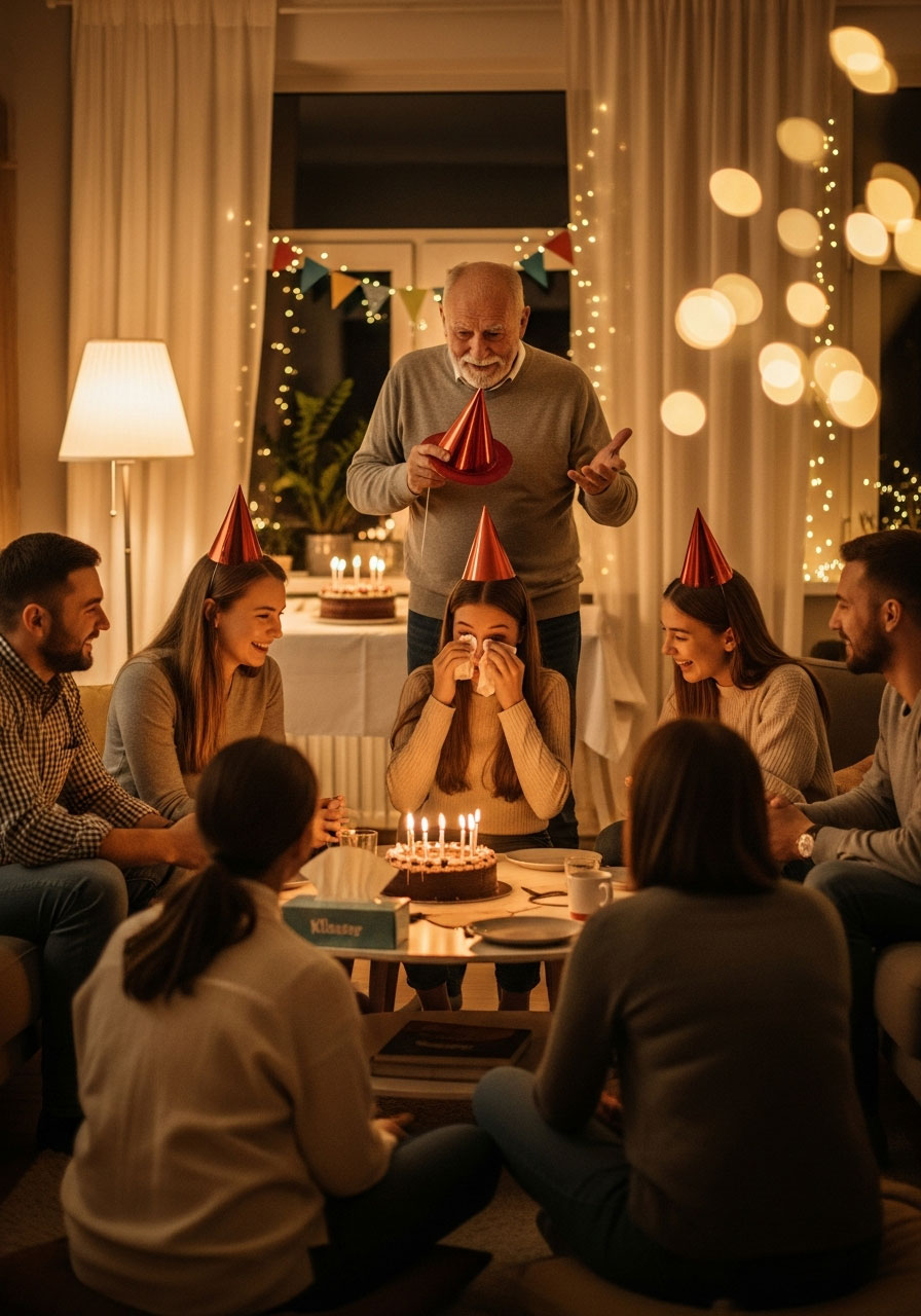 Grandfather sharing funny birthday memory during family roast and toast circle while birthday girl laughs with happy tears