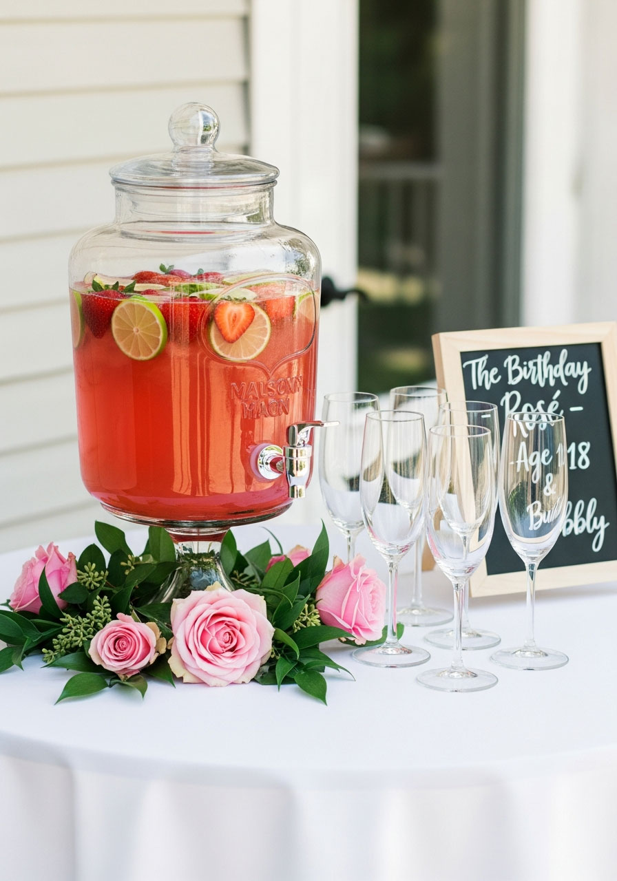 Pink limeade rosé signature drink in glass dispenser with garnishes for 18th birthday party