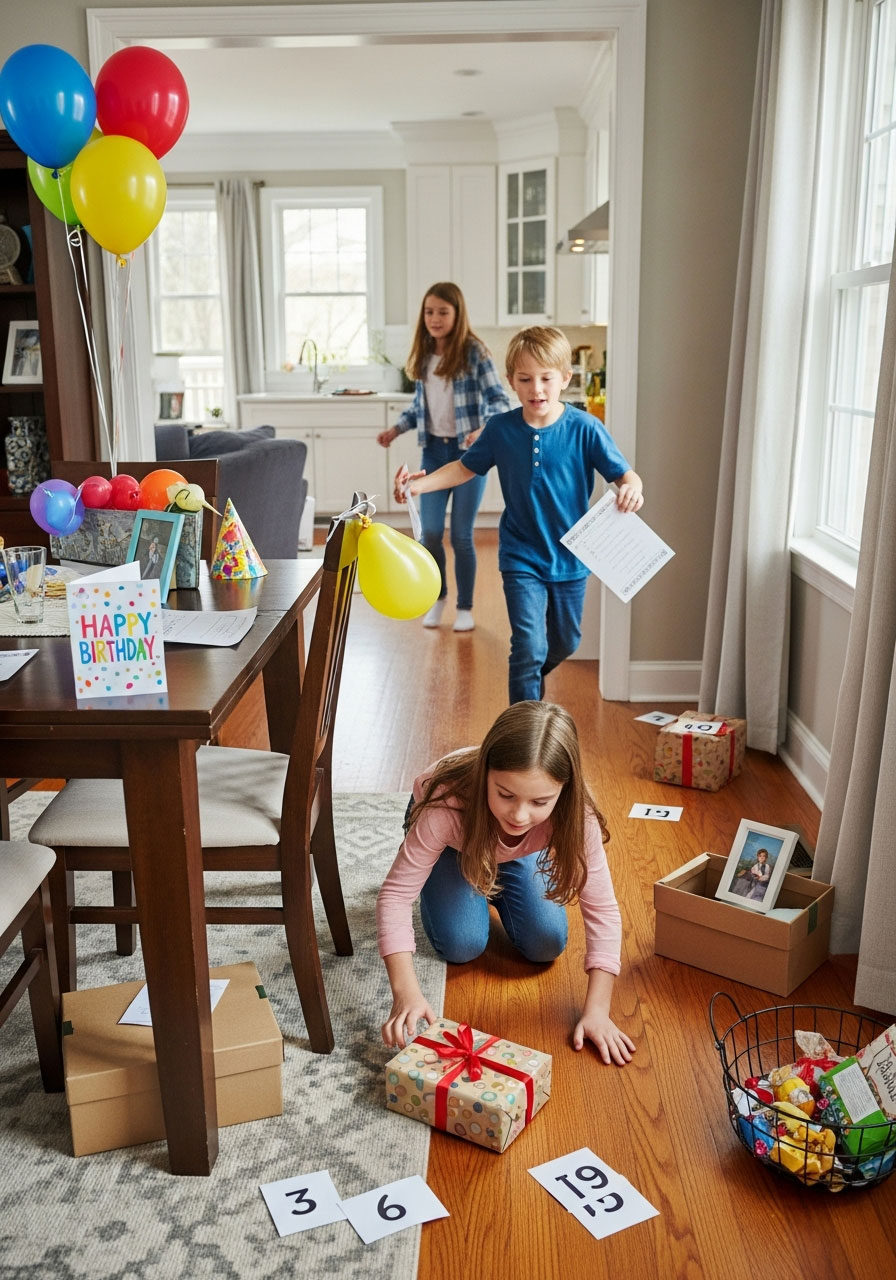Children searching for birthday scavenger hunt items throughout house with clues and found treasures visible