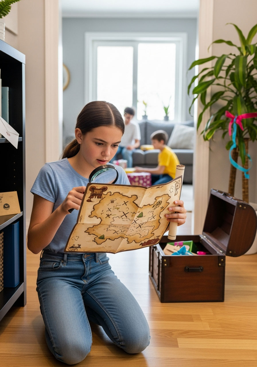 Birthday scavenger hunt with treasure map, clue cards, hidden prizes, and child solving riddles throughout home