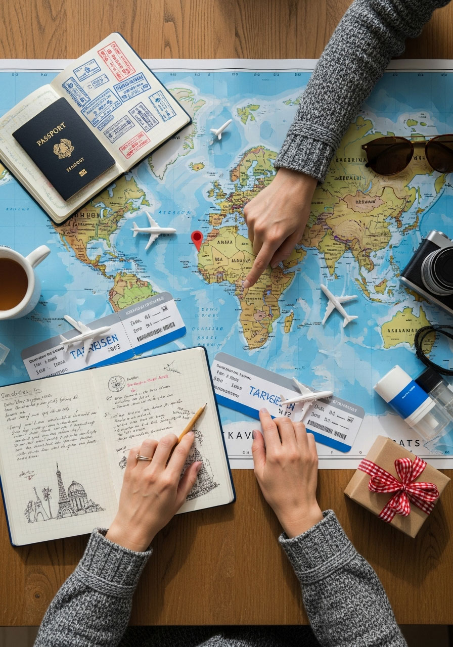Hands pointing at destination on world map with passport and travel items for birthday trip
