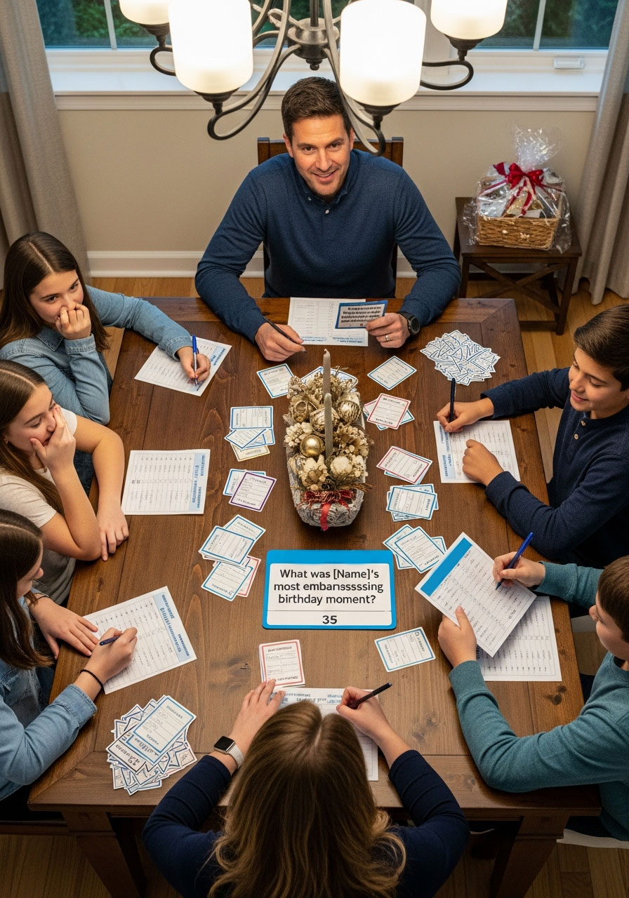 Family writing answers during birthday trivia game around dining table with question cards and scoresheets visible