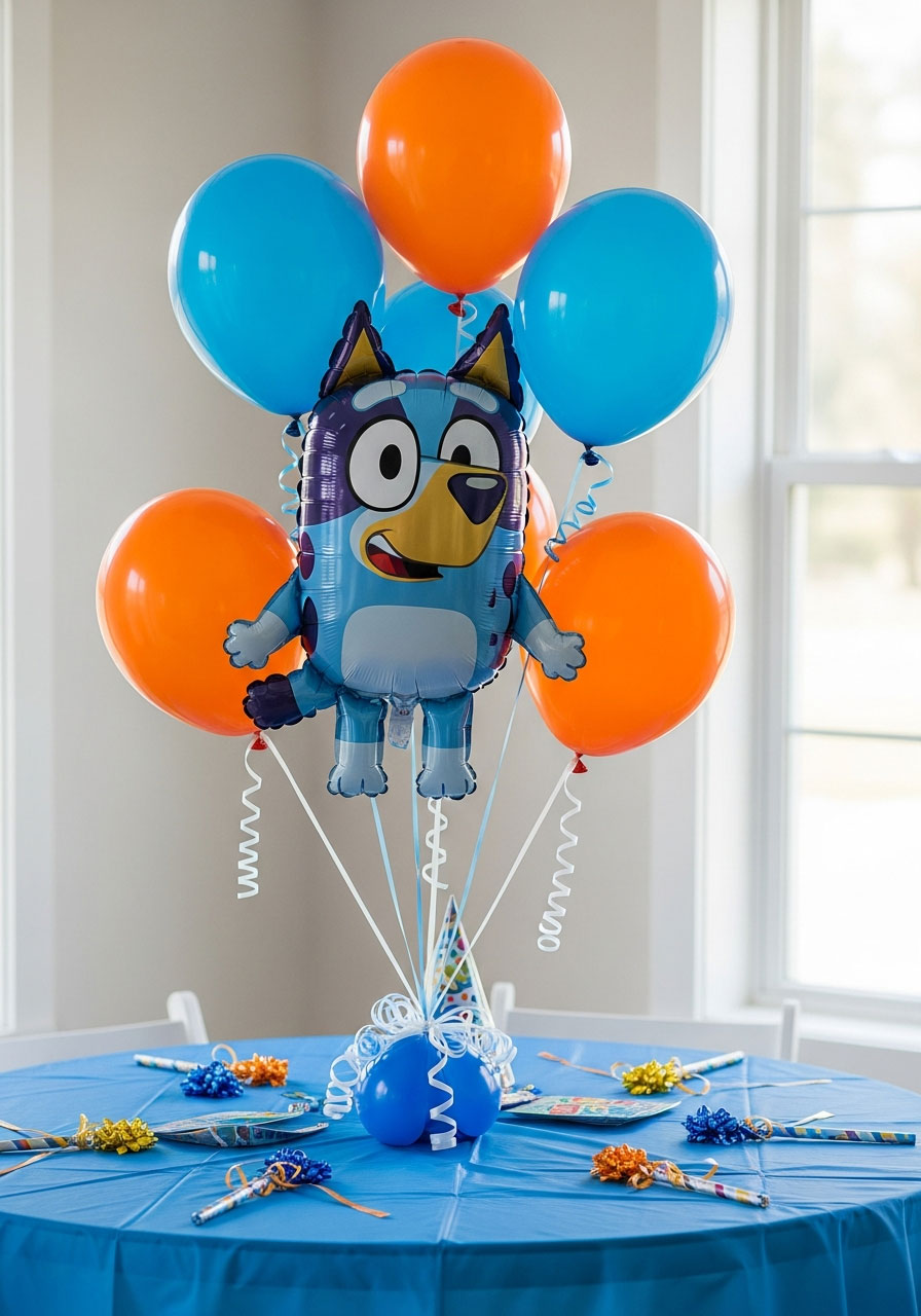Bluey character foil balloon bouquet with blue and orange latex balloons as party table centerpiece