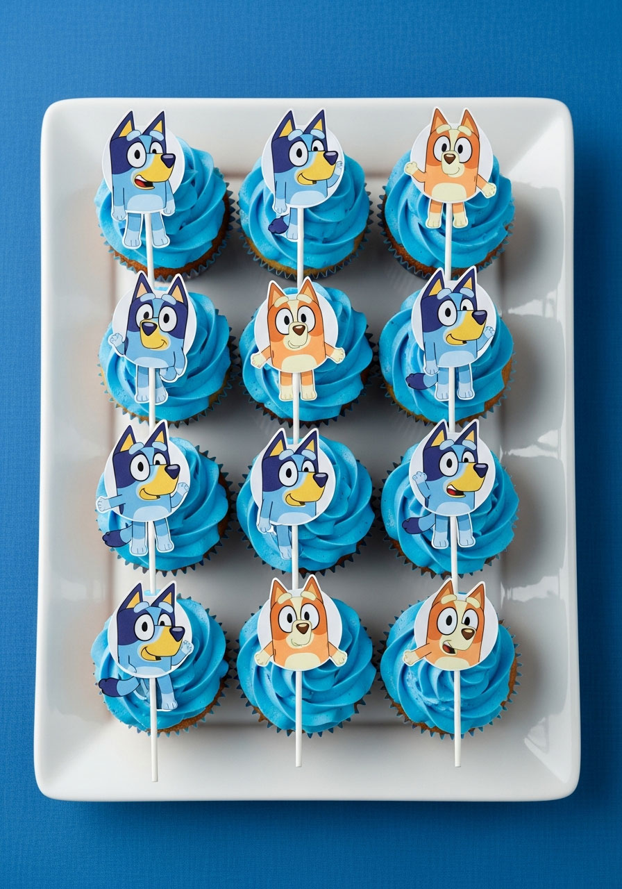 Blue frosted cupcakes with Bluey and Bingo printed character toppers arranged on serving platter