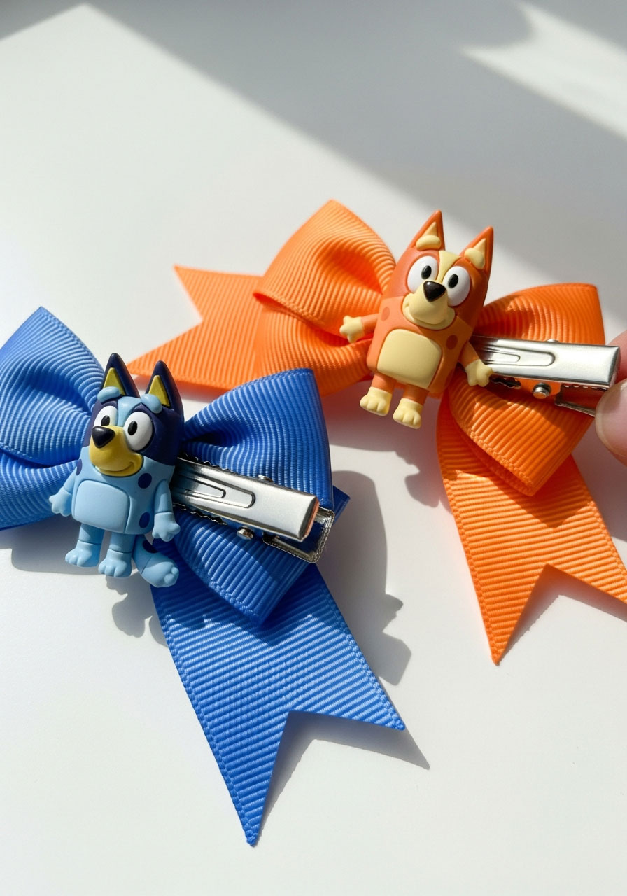 Bluey and Bingo character hair clips with ribbon bows as birthday party favors for girls