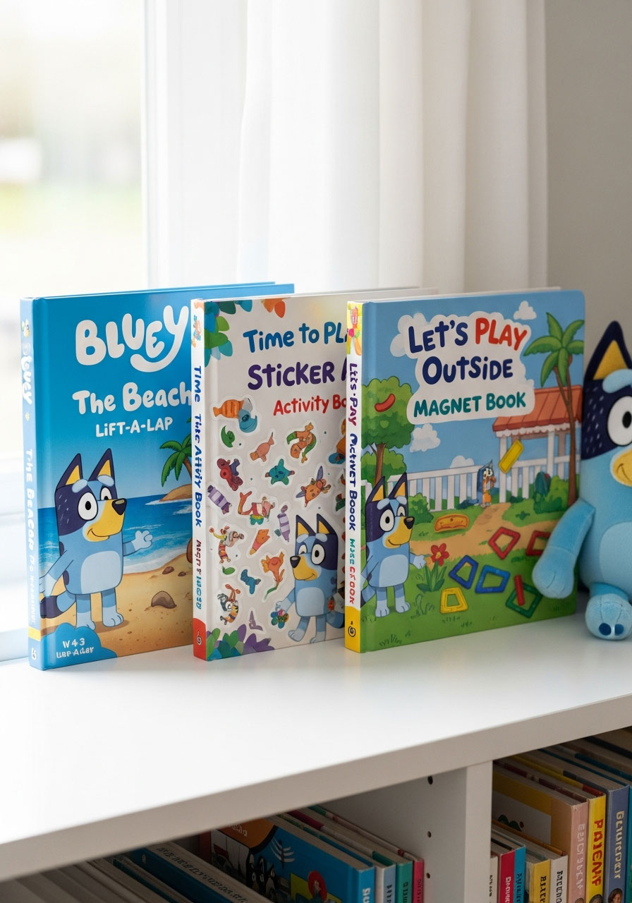 Three Bluey books including The Beach, Time to Play activity book, and Let's Play Outside magnet book