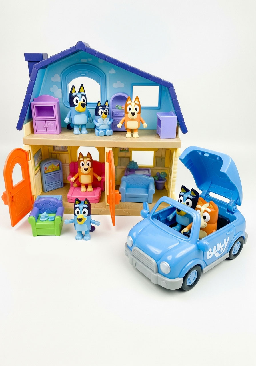 Bluey family house playset and car toy with character figurines for birthday gift ideas
