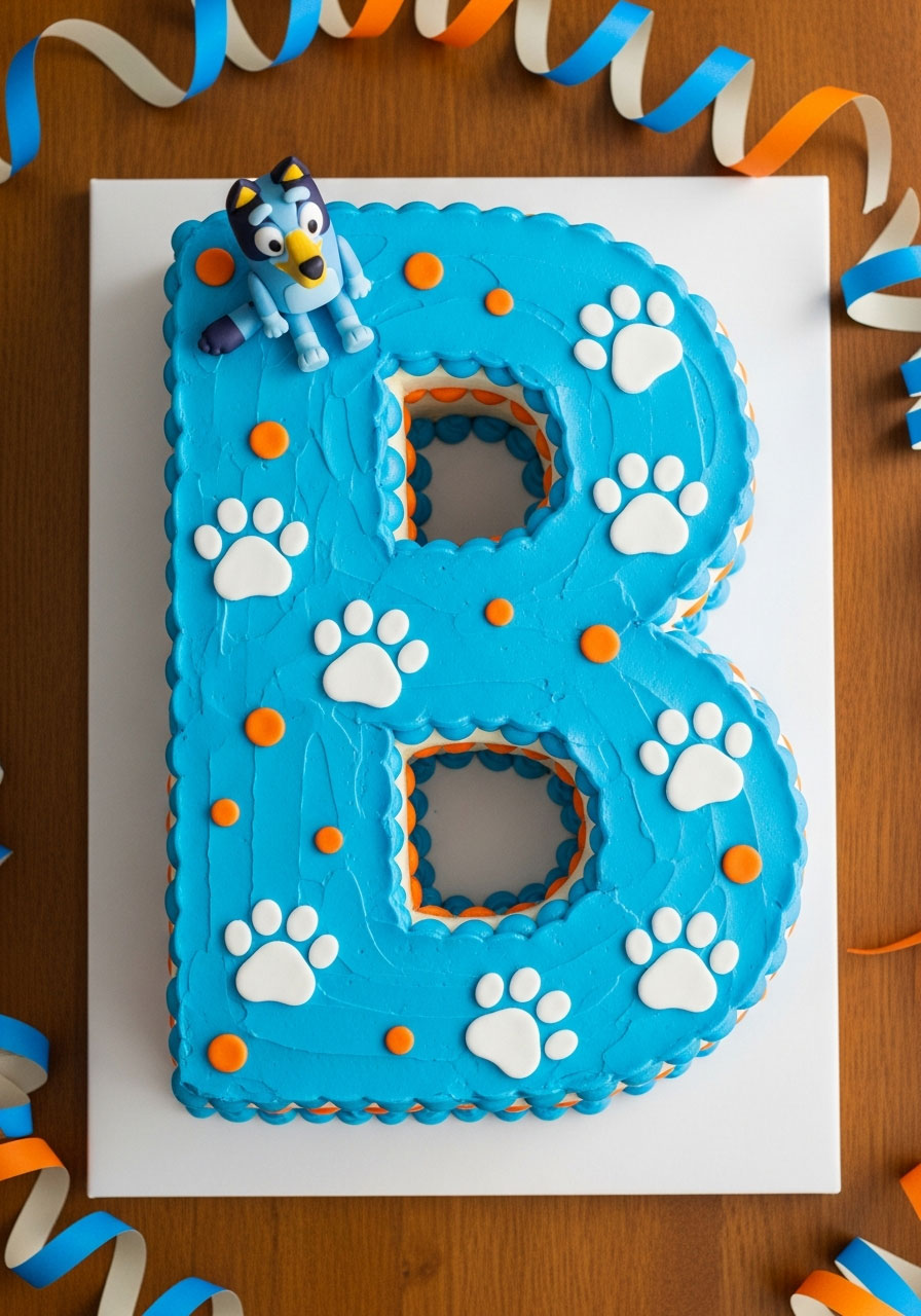 Letter B-shaped Bluey birthday cake with blue frosting, paw print decorations, and Bluey figurine topper