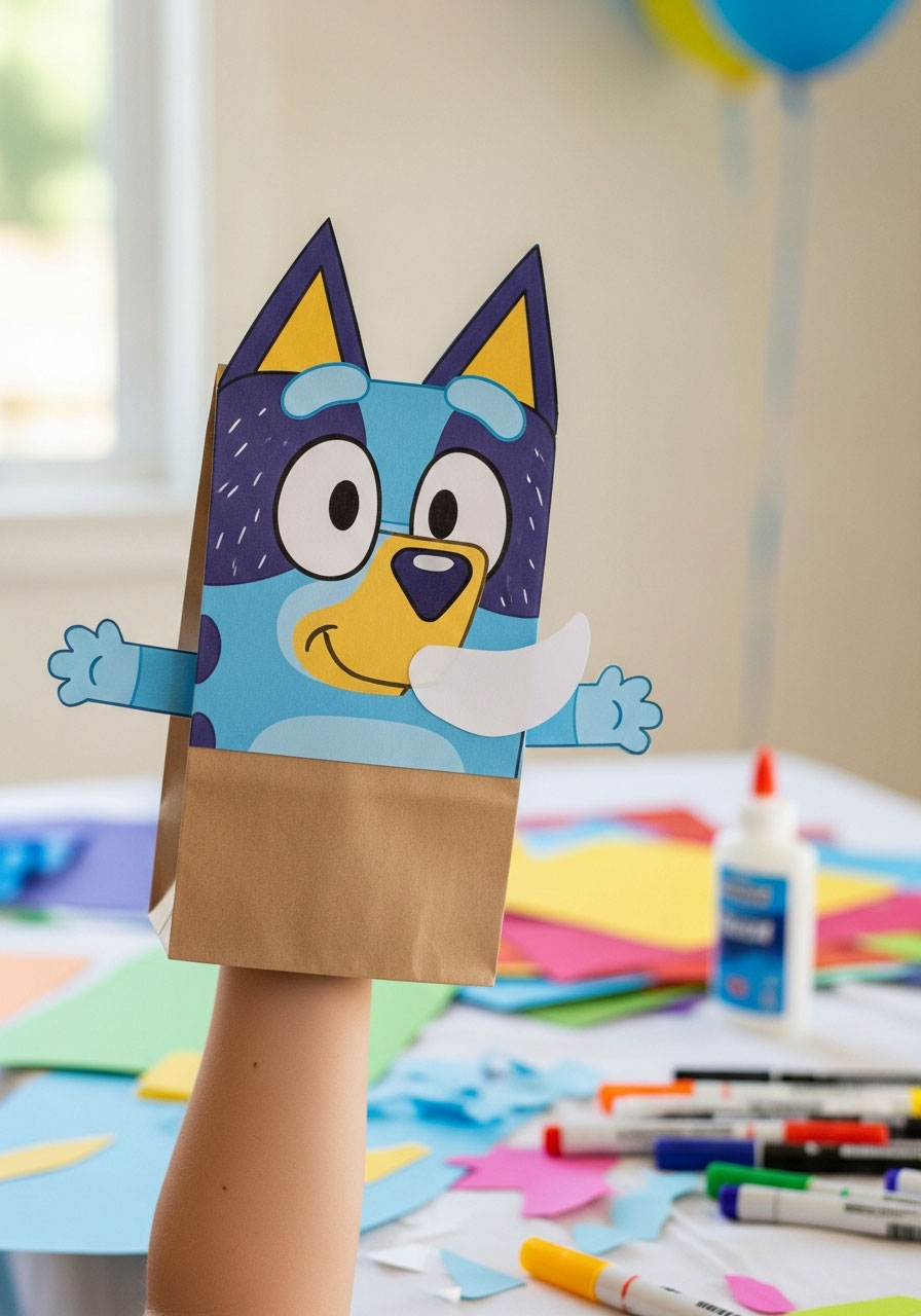 Completed Bluey paper bag puppet craft made with brown bag and construction paper on child's hand