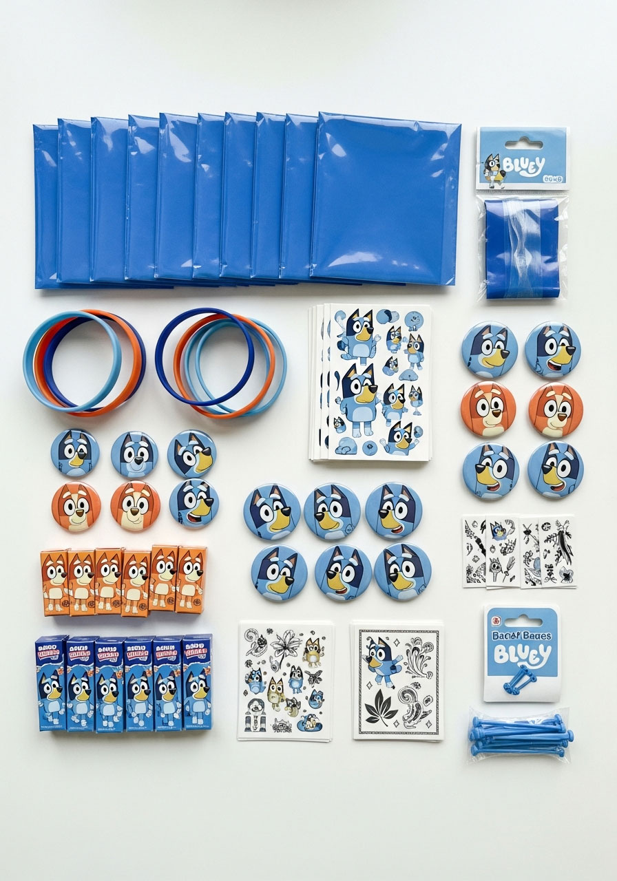 Complete Bluey party favor kit with bags, stickers, bracelets, buttons, and candy boxes laid out