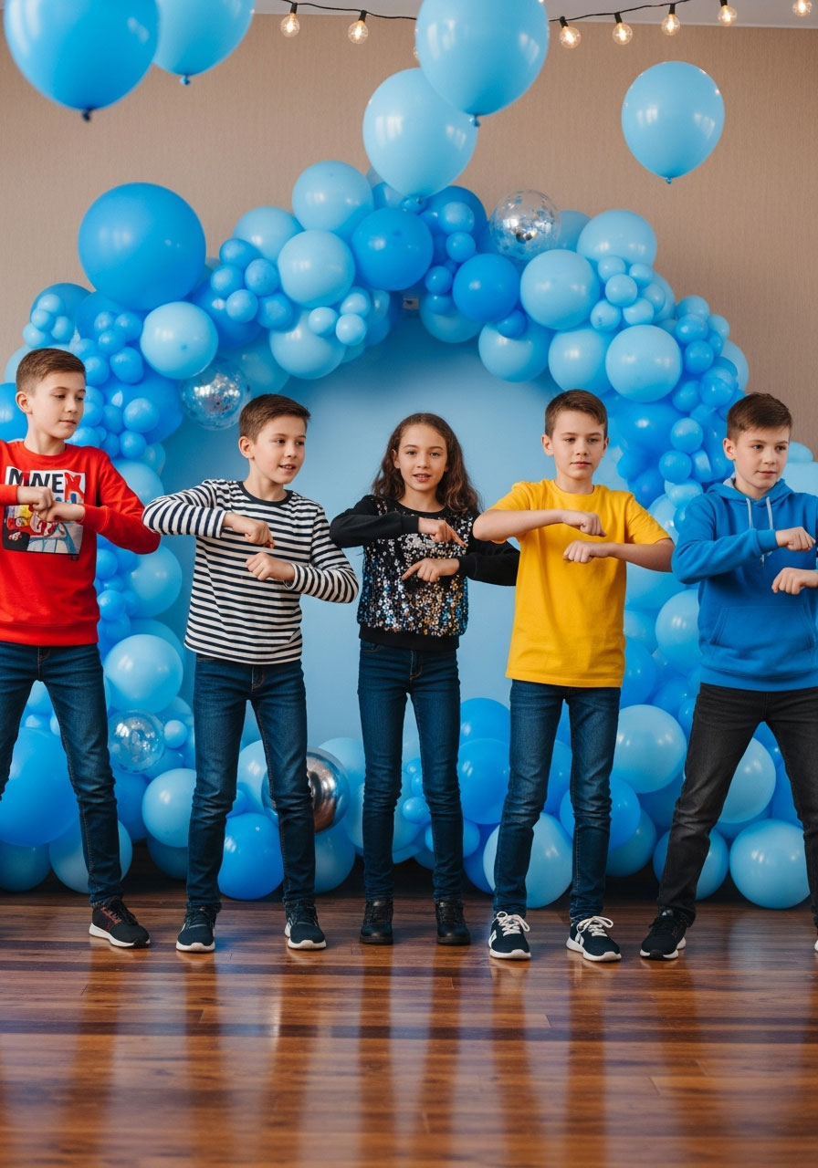 Group of children performing flossing dance move together at Bluey birthday party dance-off activity