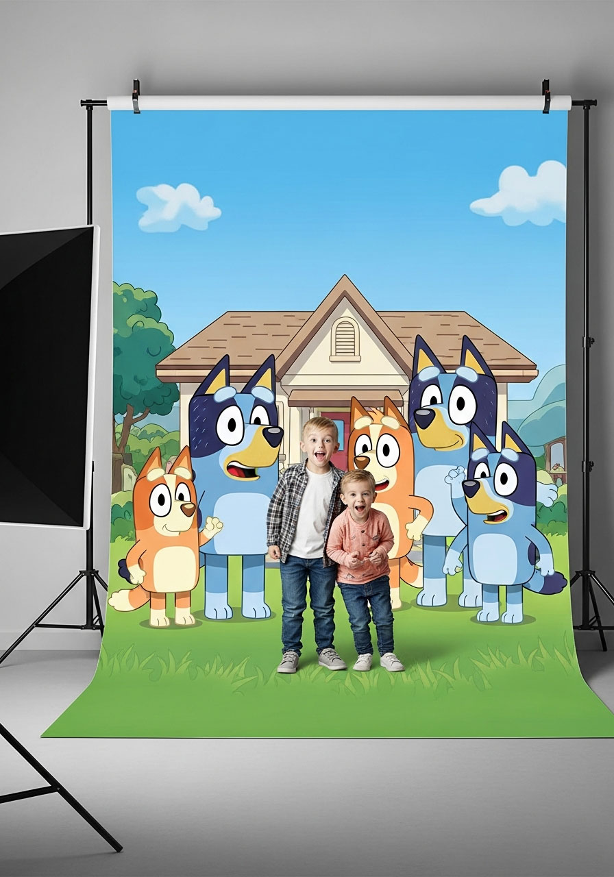 Large printed Bluey family photo backdrop banner with house scene for birthday party photo station